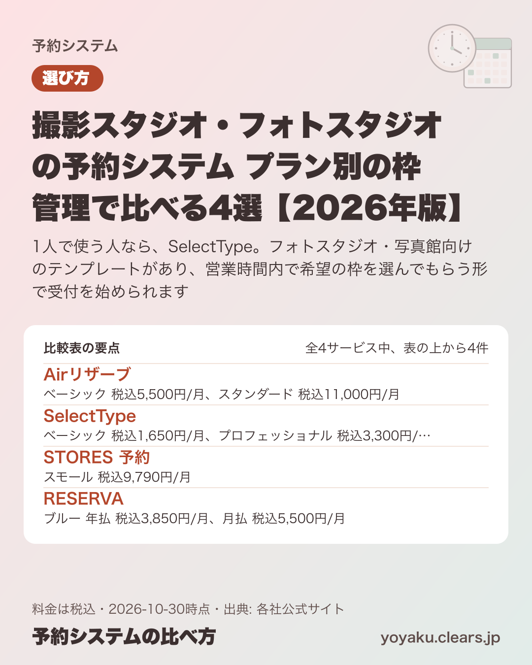 撮影スタジオ・フォトスタジオの予約システム プラン別の枠管理で比べる4選【2026年版】の比較表の要点